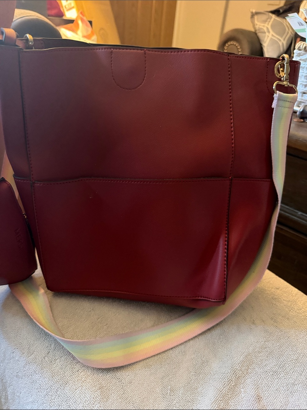 Everyday Burgundy Tote with Pastel Rainbow Strap